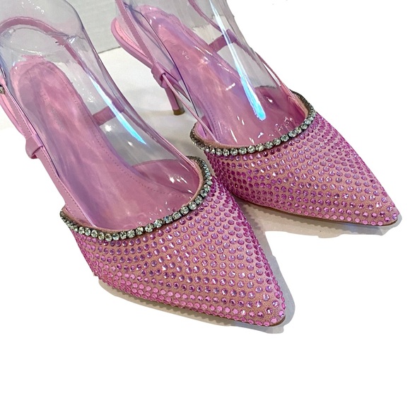 Azelea Wang Sorrel-Pink Rhinestone Slingback Kitten Heeled Pumps Size 10 - Picture 7 of 14